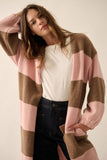 Striped Knit Open-Front Duster Pocket Cardigan: Cocoa-Pink / S