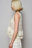 Round neck ruffle embroidered eyelet crochet top: White / Os