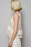 Round neck ruffle embroidered eyelet crochet top: NATURAL / Os