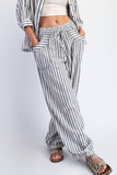 STRIPE SOFT WASH LINEN BLENDED PANTS: Black/Natural / S-M-L(2-2-2)