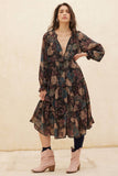 Floral-Print Tiered Ruffle Long-Sleeve Midi Dress: RETRO BLUE / S