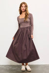 SQUARE NECK LONG SLEEVE SHIRRED WAIST LONG DRESS: IRON / M