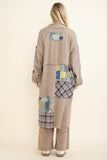 Mineral Washed Boho Plaid Patched Long Fall Jacket HT6861: Charcoal / S-M-L / 2-2-2