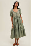 PUFF SLEEVE BUTTON-UP MIDI DRESS / WL25-10536: OLIVE / M
