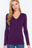 Basic Solid Long Sleeve V Neck Top: DEEP JUNGLE / 2-2-2 (S-M-L)