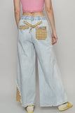 Contrast buckle back detail floral trim down woven pants: STRIPE DENIM / M