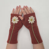 Fingerless Cashmere Gloves-Daisy: White on Rust / One Size Fits Most