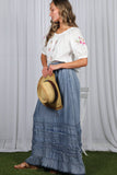 Ruffle Frayed Hem Chambray Casual Western Maxi Skirt VS83151: Washed Denim / M