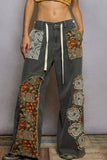 Drawstring floral patch denim pants: Black / L