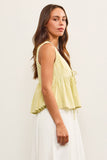 TIE FRONT SLEEVELESS PEPLUM TOP: White / M