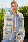 Oversize long sleeve crochet patchworks denim jacket: DENIM / M