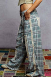 Stud Detail Woven Denim Pants: TEAL PLAID / S