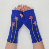 Fingerless Cashmere Gloves-Wildflower: Blue on Olive / One Size Fits Most