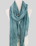 JC021037 Soft Crinkle Gauze Scarf – Boho Lightweight Shawl, Vintage Washed Wrap with Raw Fringe Edges: Green