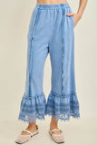 Mineral Washed Delicate lace trim hem Cropped Pants HP7236: MossGreen / S-M-L / 2-2-2