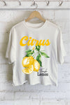 CITRUS FRESH LEMON GRAPHIC LONG CROP TOP: STONE
