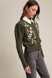 Floral Embroidered Puff Sleeve Cardigan: Dark Olive / M