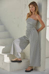 L8401 | Knit Cotton Spandex Striped Tube Strapless Jumpsuit: Cream Navy / L