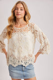 BOHO SHEER CROCHET 3/4 SLEEVED TOP WITH NO LINING: NATURAL / L