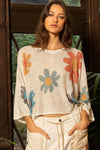 V-neck colorful flower print light weight sweater SALE: IVORY / S