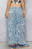 Floral print patchwork twill joger pants: DENIM / S