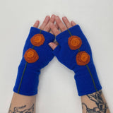 Fingerless Cashmere Gloves-Double Blooming Rose: Aqua on Beige / One Size Fits Most