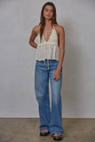 W2091 | Knit Cotton Eyelet Halter Plunge V-Neck Top: Cream / M