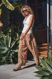 Striped Cotton Drawstring Harem Pants: TAUPE / S-M-L:2-2-2