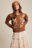 Floral Embroidered Puff Sleeve Cardigan: Tiramisu / L