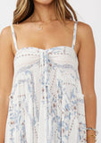 Hi-Lo Spaghetti Strap Patchwork Ruffle Maxi Dress: Creamy/Dusty Blue / M