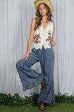 Flared Ruffle Hem Washed Chambray Crop Denim Pants VP83039: Washed Denim / L