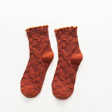 Vintage Embossed Floral Ruffle Cuff Mid Calf Socks: Yellow / M