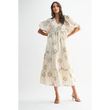 FLORAL EMBROIDERED MAXI DRESS: CREAM/MOCHA / S-M-L(3-2-1)