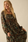 Floral Button-Front Tiered Ruffle Maxi Dress: Black / M