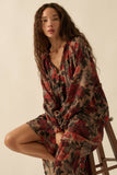 Floral-Print Tiered Ruffle Long-Sleeve Midi Dress: RETRO BLUE / S