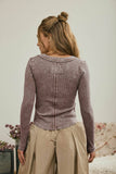 WASHED LONG SLEEVE RIBBED HENLEY KNIT TOP: LIGHT OLIVE