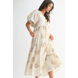 FLORAL EMBROIDERED MAXI DRESS: CREAM/MOCHA / S-M-L(3-2-1)