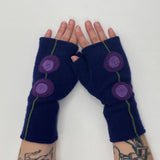 Fingerless Cashmere Gloves-Double Blooming Rose: Pink on Maroon / One Size Fits Most