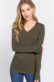 Basic Solid Long Sleeve V Neck Top: DEEP JUNGLE / 2-2-2 (S-M-L)