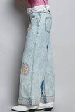 Floral Patchwork Rolled-up Denim Straight Pants: DENIM / M