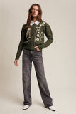 Floral Embroidered Puff Sleeve Cardigan: Dark Olive / M