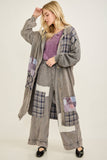 Mineral Washed Boho Plaid Patched Long Fall Jacket HT6861: Chocolate / S-M-L / 2-2-2