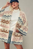 Western Geometric Mountain Pattern Oversized Knit Cardigan: IVORY
