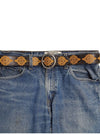 Vintage Hand Painted Tooled Belt w. round buckle: Tan / S/M