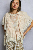 Lace Trim V Ruffle Detail Textured Woven Short Sleeve Top: ALMOND / M