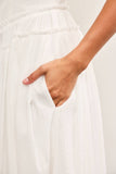 BASQUE WAIST FRAYED EDGE TIERED DRESS: OFF WHITE / S