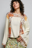 Long sleeve double gauze printed woven contrast top: CREAM / L