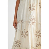 FLORAL EMBROIDERED MAXI DRESS: CREAM/MOCHA / S-M-L(3-2-1)