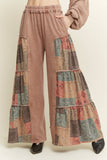 Mineral Washed Boho Patch Tiered wide pants HP6619: Sugar Rose / S-M-L / 2-2-2