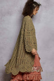 Long sleeve round neck chenille varied crochet sweater top: OLIVE / ML